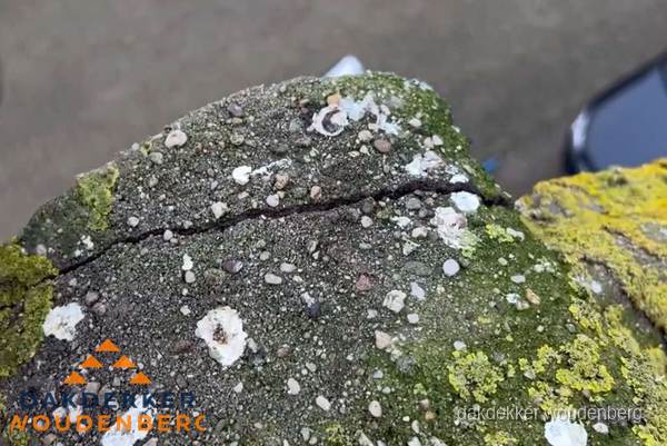 Beschadigde en verweerde nokvorst met scheuren en mos in Woudenberg Beschadigde en verweerde nokvorst met scheuren en mos in Woudenberg
